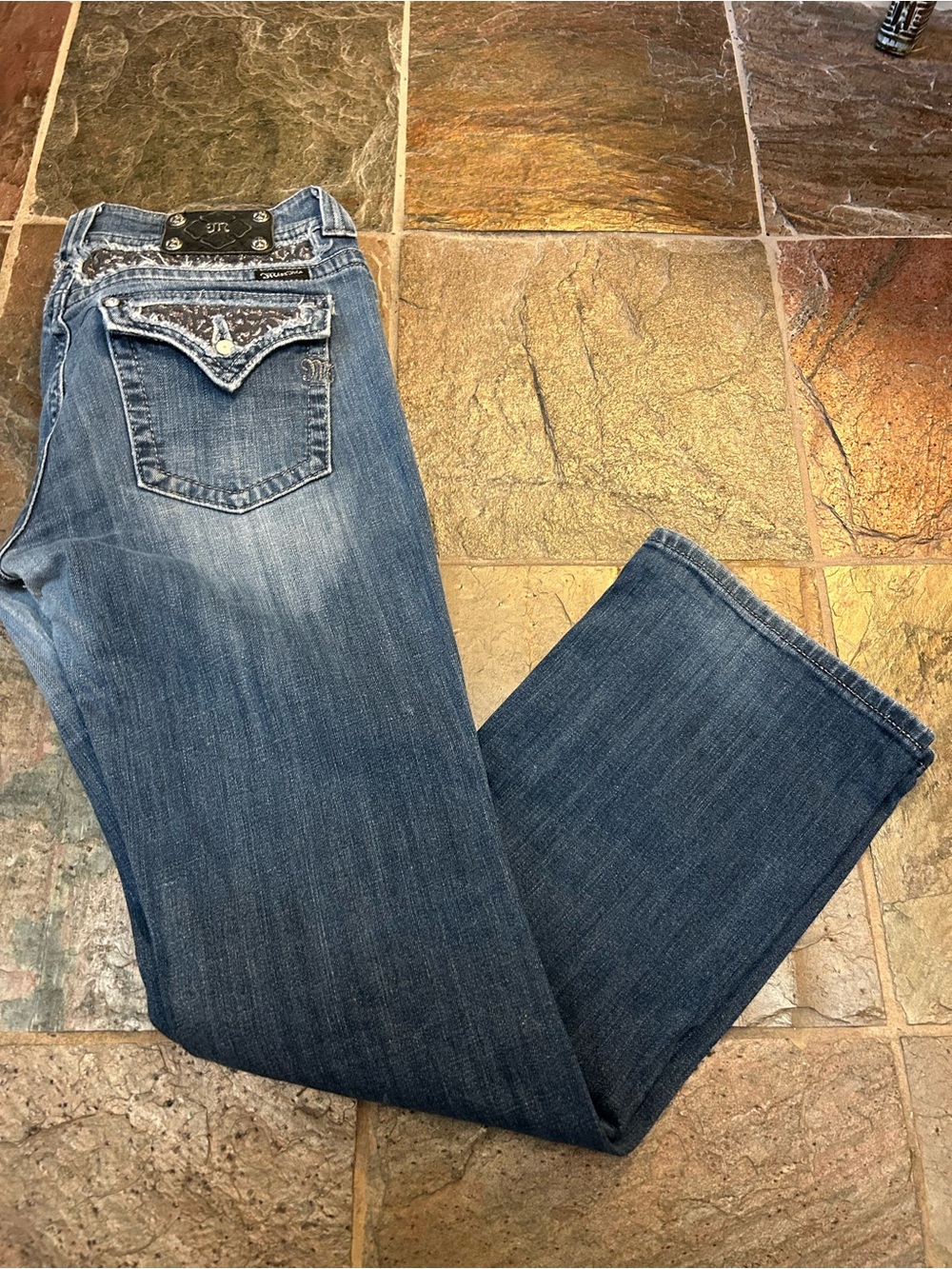 Miss Me Dark Blue Straight Leg Jeans with Embellished Back Pockets